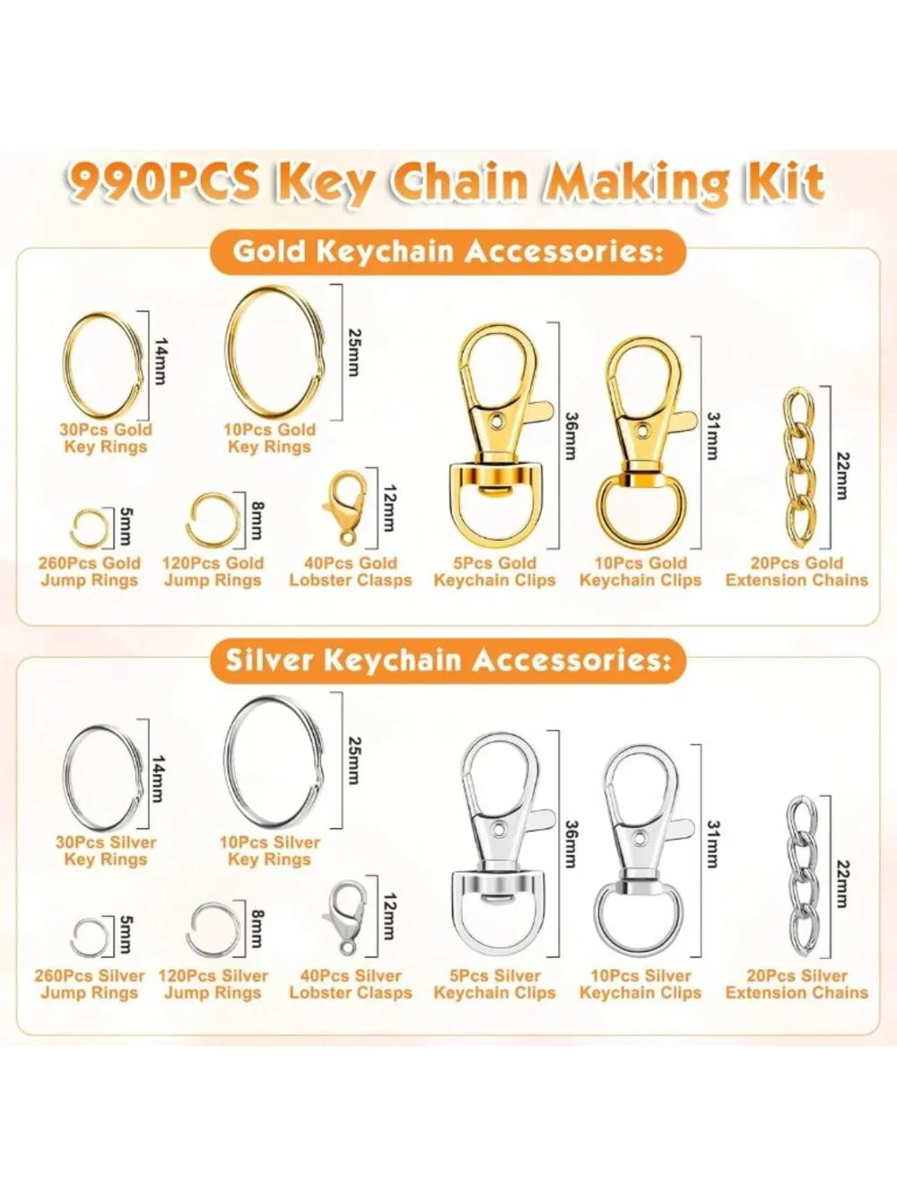 Keychain Making Kit - Craft Supplies with Hooks, Clasps, Rings for DIY Jewelry